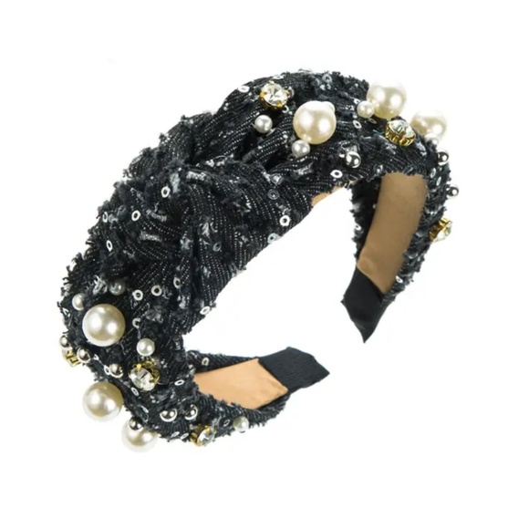 Dark Blue Denim Rhinestone & Pearl Headband - Picture 1 of 3